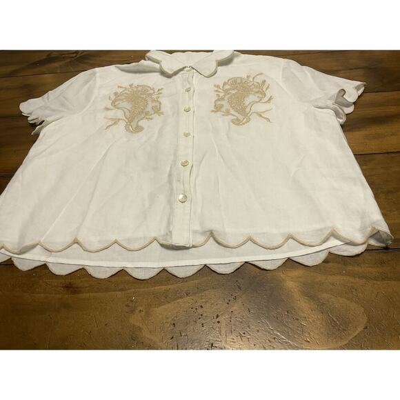Allison New York Ivory Scalloped Embroidered Seahorse Top Small - Picture 2 of 11